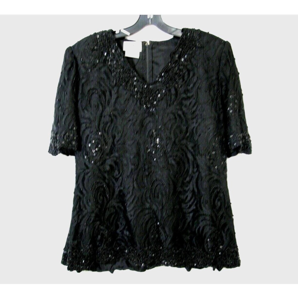 Vtg COCKTAIL TOP  Black Beaded Lace Blouse – Dynasty Goth Fancy Brilliante M/L